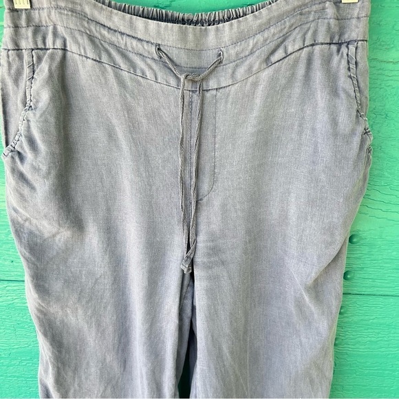 100% LINEN BLUE CHAMBRAY PULL ON DRAWSTRING WIDE LEG PANTS SIZE MEDIUM - Picture 4 of 5